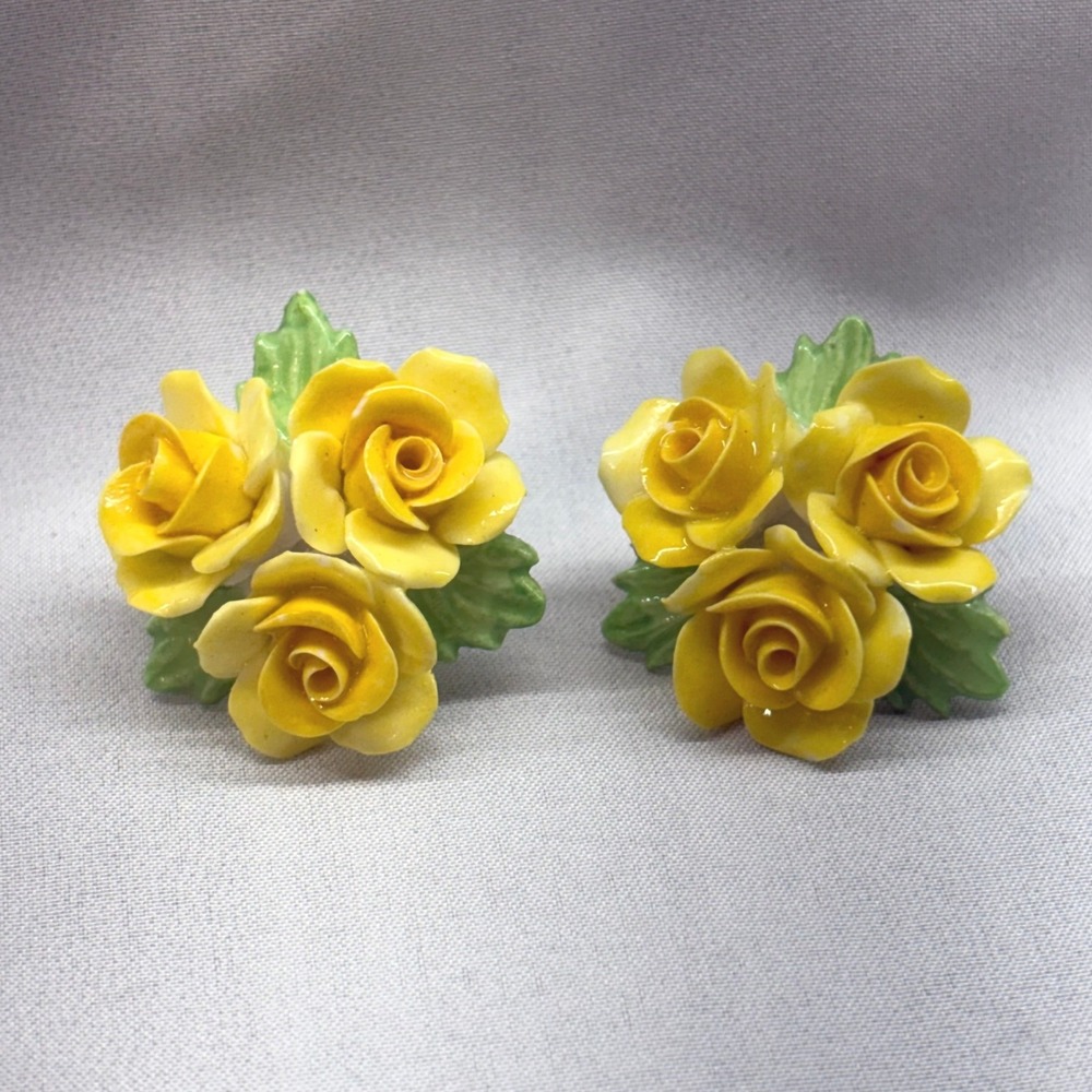 Denton China Earrings Women OS Yellow Good Vintage Bone China Rose Screw Back